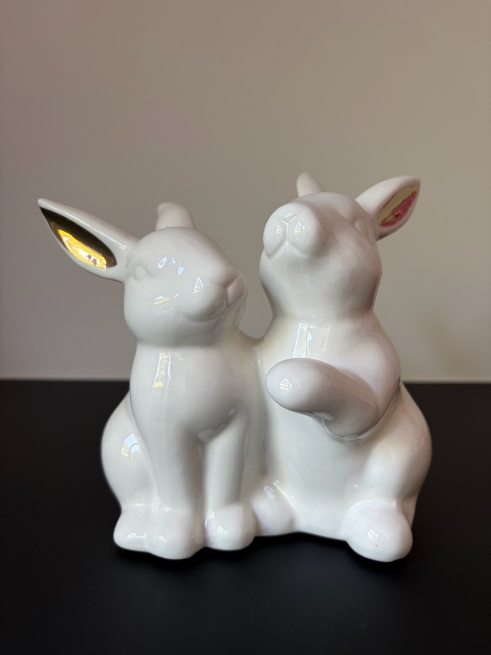 Porcelain White Bunny Figurine Pair with Gold Accent Ears